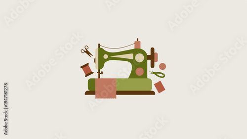 Vintage sewing machine with threads and scissors on beige background symbolizing tailoring and craftsmanship