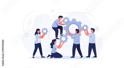 Teamwork concept: people assembling gears, collaboration, success, business strategy