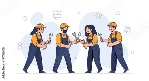 Teamwork in Industry: Diverse workers collaborate with tools, symbolizing unity and construction.