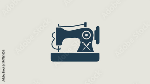 Dark blue sewing machine icon with thread and spool on light gray background for fashion or crafting concepts