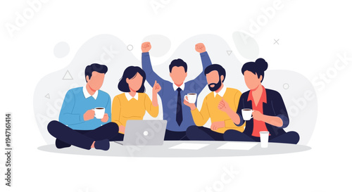 Diverse team celebrating success, sitting on floor with laptop and coffee