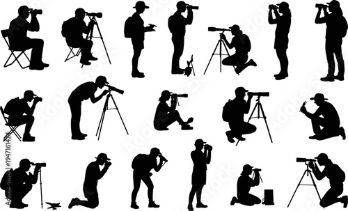 Birdwatching silhouette illustration set, wildlife observation artwork, outdoor nature photography design collection