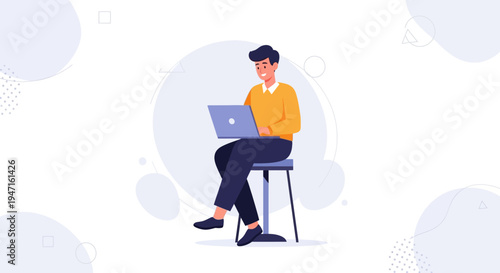 Young man working on a laptop while sitting on a stool, modern flat illustration