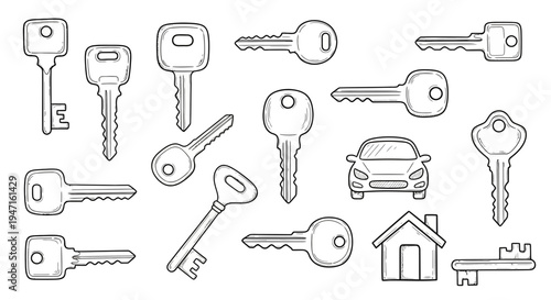 Set of Hand Drawn Keys and Icons Vector Illustration
