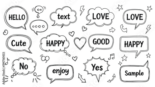 Fun collection of hand drawn speech bubbles and thought clouds containing words like hello, love, happy, and enjoy with icons.