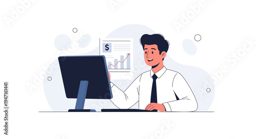 Man in office working on computer with financial graph and dollar sign.