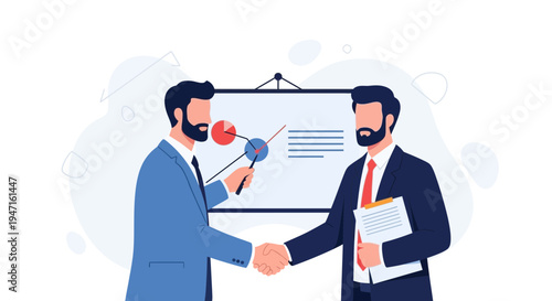 Businessmen shaking hands in front of a presentation board with charts, successful deal concept