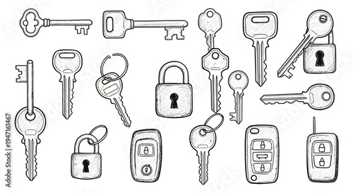 Hand Drawn Collection of Keys and Padlocks