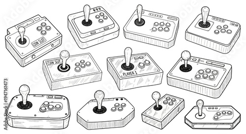 Set of Hand-Drawn Retro Arcade Joysticks and Game Controllers