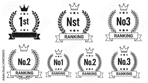 Diverse set of black and white ranking badges for first, second, and third place featuring crowns, wreaths, and ribbons for awards.
