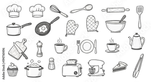 Hand Drawn Kitchen Utensils and Cooking Tools Set