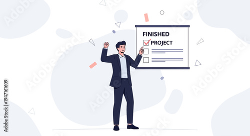 Businessman celebrates finished project with checklist on whiteboard, success concept