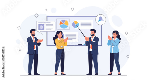 Business Presentation: Team Applauding Speaker at Whiteboard with Charts