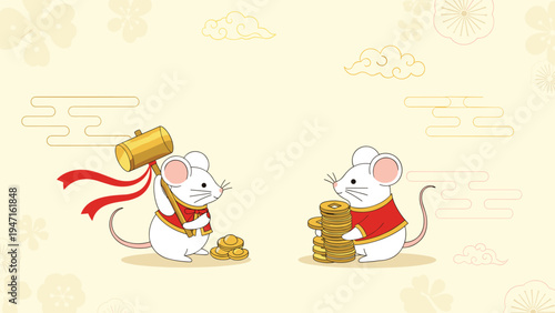 Adorable new year illustration featuring two white mice in traditional red vests holding a gold hammer and stacks of gold coins.