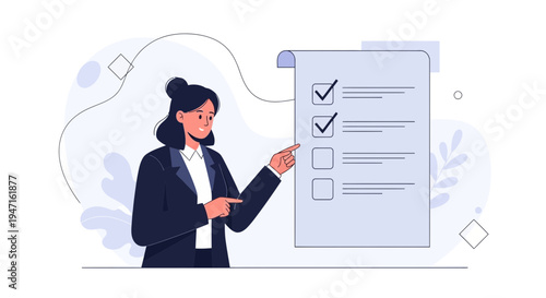 Businesswoman checking off tasks on a checklist, planning and organization concept