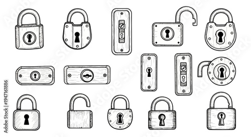 Hand Drawn Sketch Collection of Various Padlocks and Door Locks
