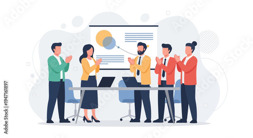 Business meeting success: team applauding presentation on screen with charts