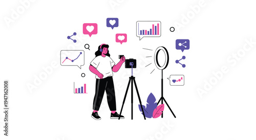 Vector illustration of a woman creating social media content