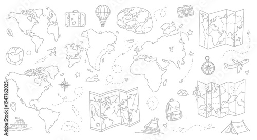 Hand Drawn Travel and World Map Doodle Set