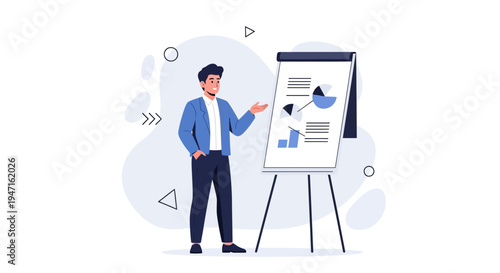 Man presenting business charts on a flip chart, business meeting, presentation, data analysis