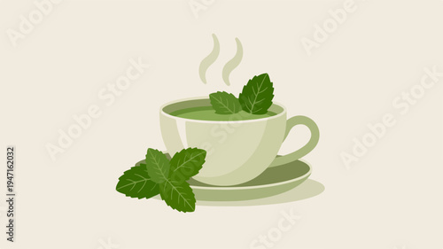 Steaming cup of green tea with mint leaves on a saucer served on a plain background evoking relaxation and calmness