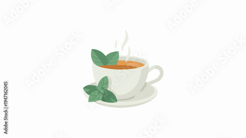 Steaming cup of tea with green leaves on a saucer isolated on white background symbolizing relaxation and tranquility