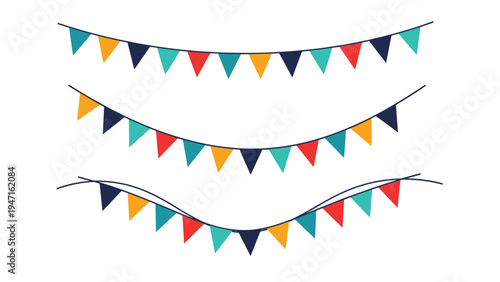 Three rows of colorful triangular party bunting banners in blue, orange, yellow, and red are shown as festive decorations on a white background.