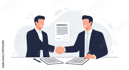 Businessmen shaking hands, signing contract, partnership agreement, successful deal, teamwork