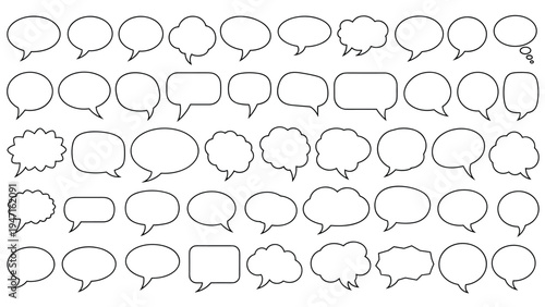 Extensive collection of various empty black outlined speech and thought bubbles in many shapes and sizes is arranged in a grid for graphic design.