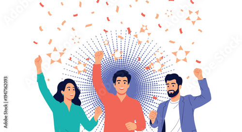 Vector illustration of 3 people celebrating with confetti