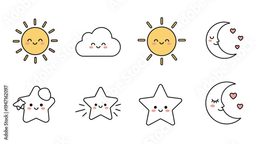 Selection of eight cute celestial icons including the sun, moon, stars, and clouds with charming happy faces is presented in a flat vector style.