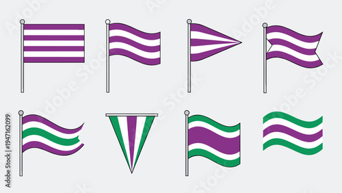 Assortment of eight flags and banners featuring horizontal and vertical stripes in shades of purple and green is displayed on a grey background.