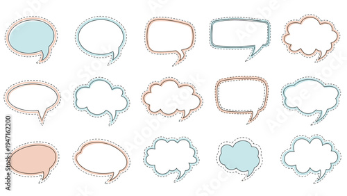 Grid of fifteen diverse speech and thought bubbles with thin colored borders and dashed lines is presented as a collection of design elements.
