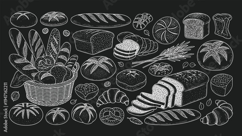 Detailed chalk drawing of various breads and pastries including a basket of baguettes and croissants on a textured blackboard.