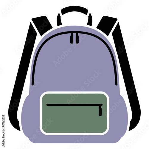 Purple Backpack Icon with Green Pocket, School Bag, Travel Accessory, Vector Illustration