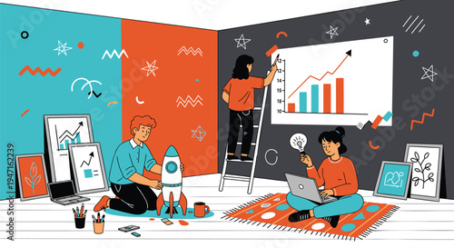 Vector illustration of people working in creative office space with colorful walls