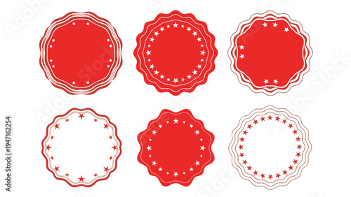 Collection of six red circular seal or stamp designs with wavy decorative borders and white stars is shown in various styles on a white background.
