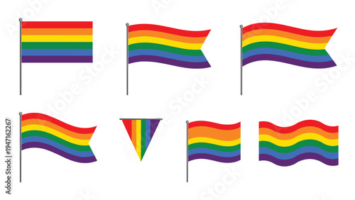 Selection of eight various rainbow flags and banners representing pride and diversity is shown in different shapes and styles on a white background.