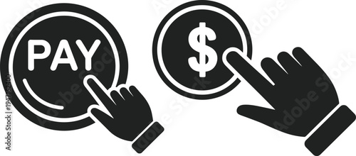 Hand cursor clicking on pay button and dollar coin icon on white background Keywords: hand, cursor, click, clicking, pointer