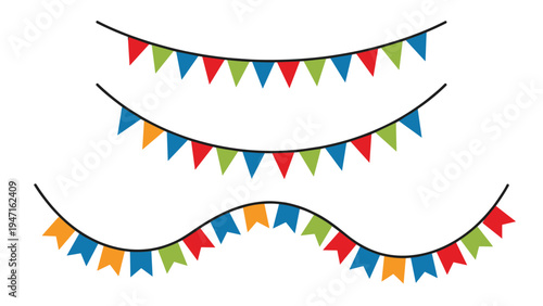 Three rows of colorful triangular bunting banners in red blue green and orange colors hanging against a white background.