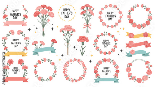 Comprehensive collection of Fathers Day themed designs featuring pink carnation wreaths, bouquets, and banners on a white background.