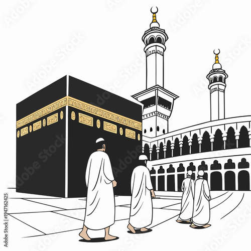 Realistic scene of muslim pilgrims walking around holy Kaaba
