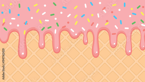 Close up background of thick pink frosting with colorful sprinkles dripping down over a golden brown grid pattern waffle.