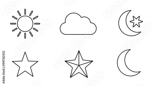 Minimalist black and white line art icons of the sun clouds moon and stars arranged in two rows on a plain background.