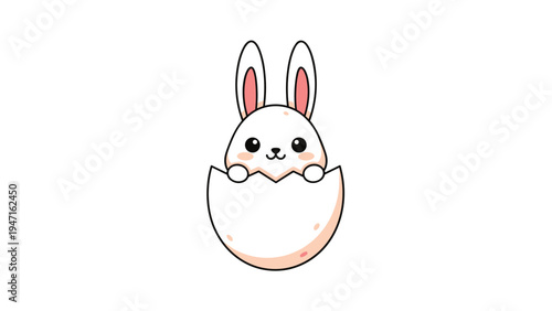 Adorable white cartoon bunny with pink ears peeking out from the bottom half of a cracked eggshell on a white background.
