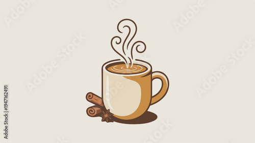 Steaming cup of coffee with cinnamon sticks on a beige background warm and inviting morning drink