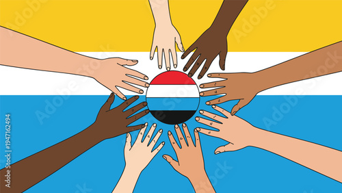 Multiple hands of various skin tones reaching towards a central circular emblem featuring red white and black stripes.