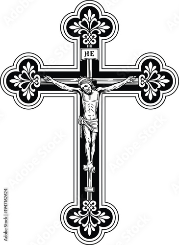Black and white religious cross with Jesus Christ sculpture in ornate gothic design for Easter and Christian worship