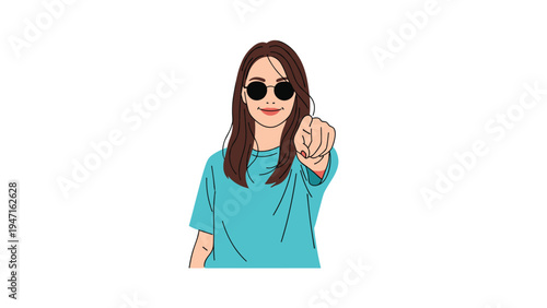 Stylish young woman wearing round sunglasses and a turquoise t-shirt pointing her finger directly at the viewer with a smile.