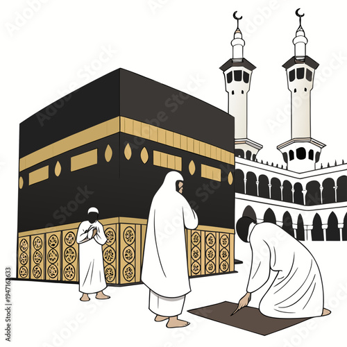 Ultra detailed realism showing pilgrims engaging Kaaba